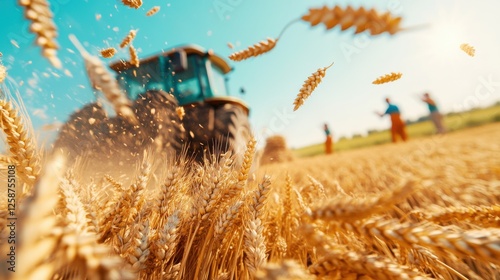 A close-up of golden wheat grains flying through the air as a tractor harvests a sunlit field, with blurred farm workers in the background.