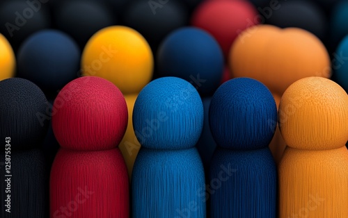 A row of vibrant wooden figures in diverse colors, symbolizing unity and togetherness