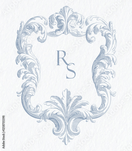 Vintage elegant wedding crest design. Arabesque with scrolls in Baroque style monogram. RS initial wedding monogram crest.
