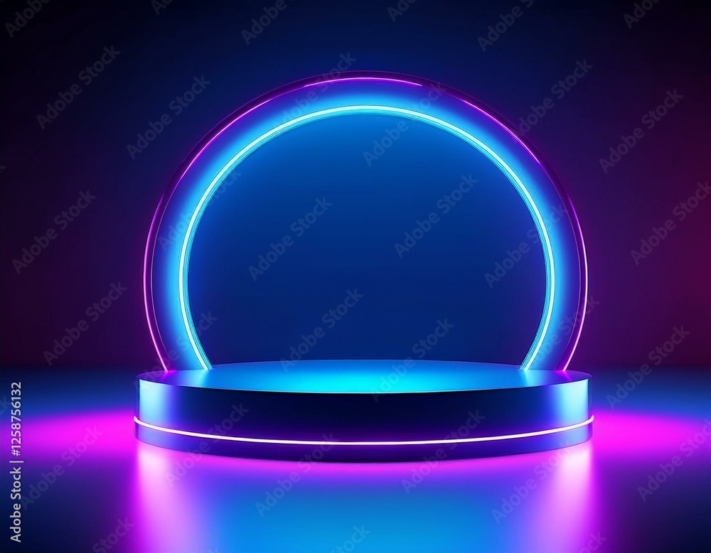 3d render, abstract trendy neon background. Glowing frame with copy space. Round arch over cylinder podium, empty performance stage, fashion podium, blank platform for product displaying. 3d render, abstract trendy neon background. Glowing frame with copy space. Round arch over cylinder podium, empty performance stage, fashion podium, blank platform for product displaying.