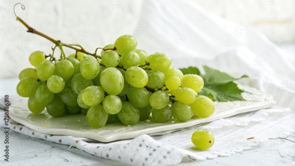 Fresh green grapes cluster isolated on a crisp white background with slight texture and soft focus effect, texture, plump, clusters Fresh green grapes cluster isolated on a crisp white background with slight texture and soft focus effect, texture, plump, clusters
