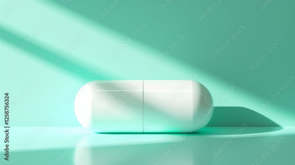 A sleek, minimalist white capsule pill placed against a pastel green background, highlighted by soft lighting and modern aesthetic appeal. AI generated.
