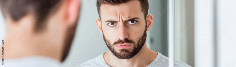 Young man with intense expression gazing into mirror, reflecting on emotions, showcasing vulnerability and self-reflection in modern bathroom setting Young man with intense expression gazing into mirror, reflecting on emotions, showcasing vulnerability and self-reflection in modern bathroom setting