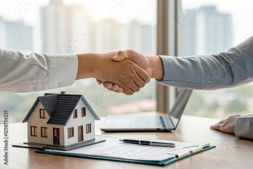 Business professionals shaking hands over a house model, symbolizing successful real estate deal