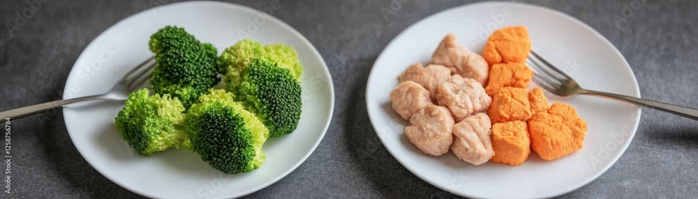 Fresh green broccoli and colorful carrot purees served on white plates with forks, promoting healthy eating and nutrition for all ages Fresh green broccoli and colorful carrot purees served on white plates with forks, promoting healthy eating and nutrition for all ages