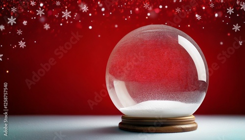 empty christmas snow globe on a red background with delicate snowfall and copy space for text photo