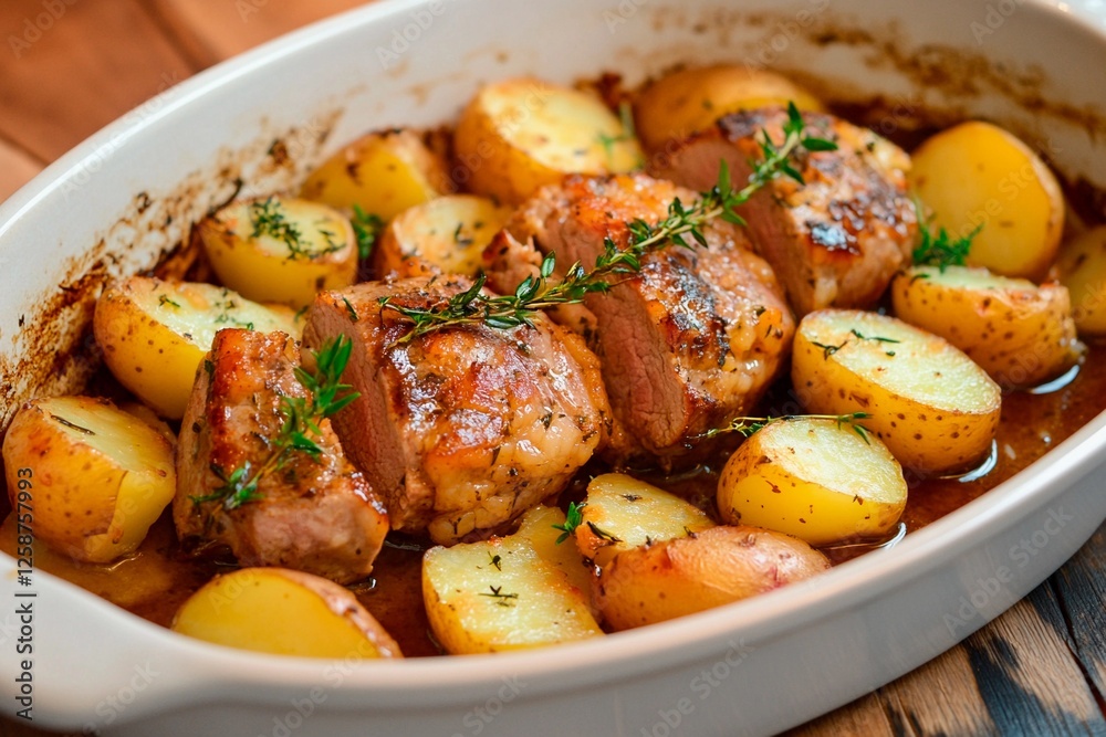 Juicy herb-roasted chicken with tender potatoes and thyme baked to perfection Juicy herb-roasted chicken with tender potatoes and thyme baked to perfection