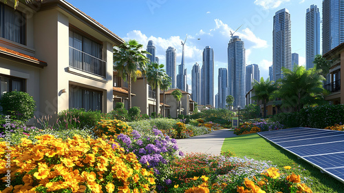 Modern residential community with city skyline in background; ideal for real estate, tourism brochures, or lifestyle magazines photo