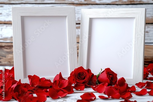 Valentines day blank photo frames over wooden background surrounded by red rose petals. Generative Ai photo