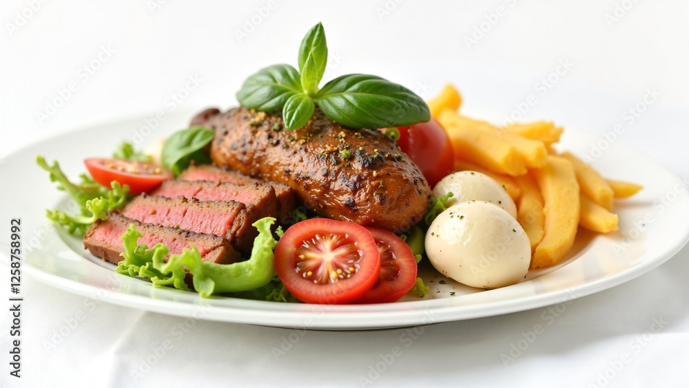 Delicious Plant-Based Steak Dinner with Fries and Mozzarella Delicious Plant-Based Steak Dinner with Fries and Mozzarella