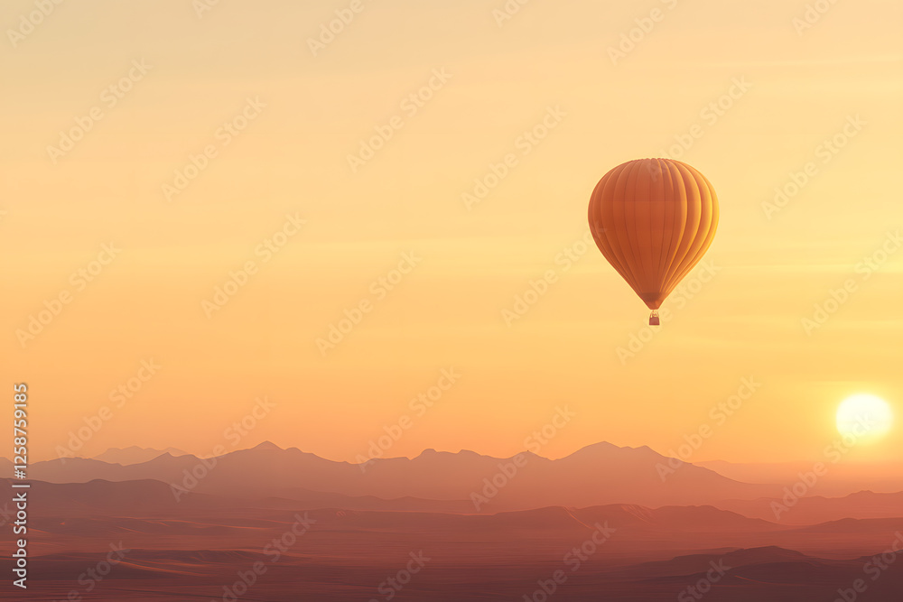 Fototapeta premium Hot air balloon ride at sunset. Golden sunlight bathes the mountains in warm tones. The balloon drifts serenely across the tranquil landscape.