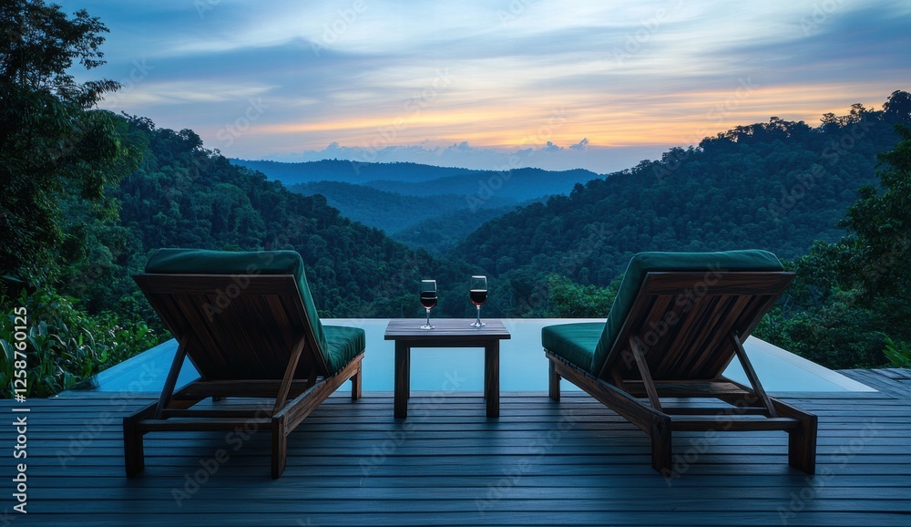 Obraz premium A pair of lounge chairs are set up on a deck overlooking a pool and mountains