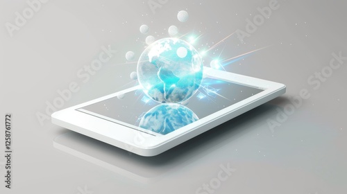 Wallpaper Mural Tablet device showcases a dynamic hologram of the Earth with glowing accents, representing futuristic innovation, global communication, and cutting-edge technology. AI generated. Torontodigital.ca