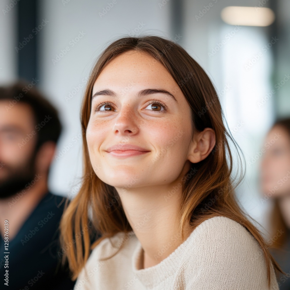 Woman Smiling and Looking Up in Meeting Woman Smiling and Looking Up in Meeting