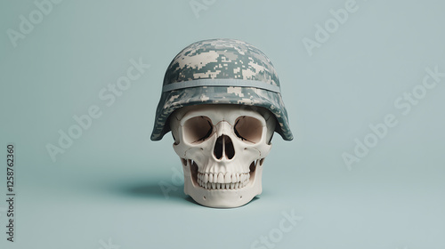 Memento Mori: A skull adorned with a camouflage helmet, symbolizing the inevitability of death and the transient nature of earthly roles, set against a serene backdrop.