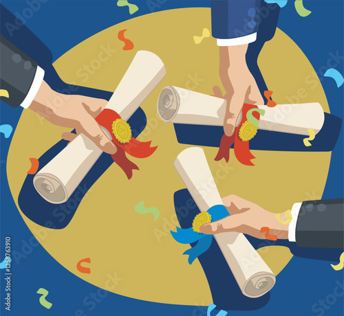 hands holding diplom degree graduation celebration with confetti equipment student university isolated on white background