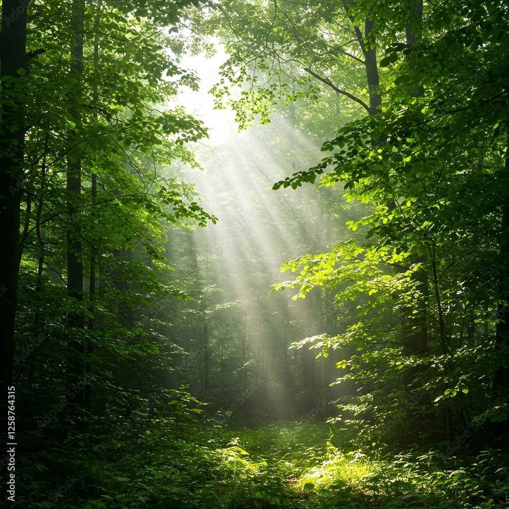 Obraz premium Lush green forest with sunlight filtering through the leaves
