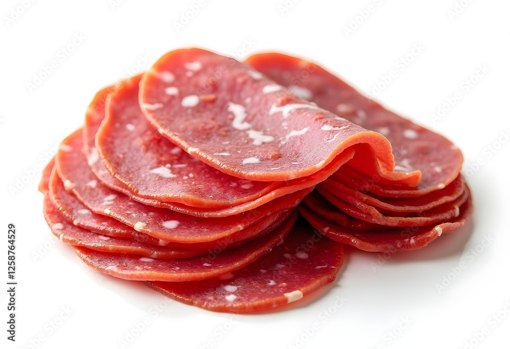 Neatly Stacked Thinly Sliced Salami Showcasing Rich Marbled Texture on White Background Neatly Stacked Thinly Sliced Salami Showcasing Rich Marbled Texture on White Background