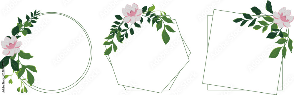 Fototapeta premium Set of geometric frames with delicate flower and green leaf branches. Isolated. Vector illustration.