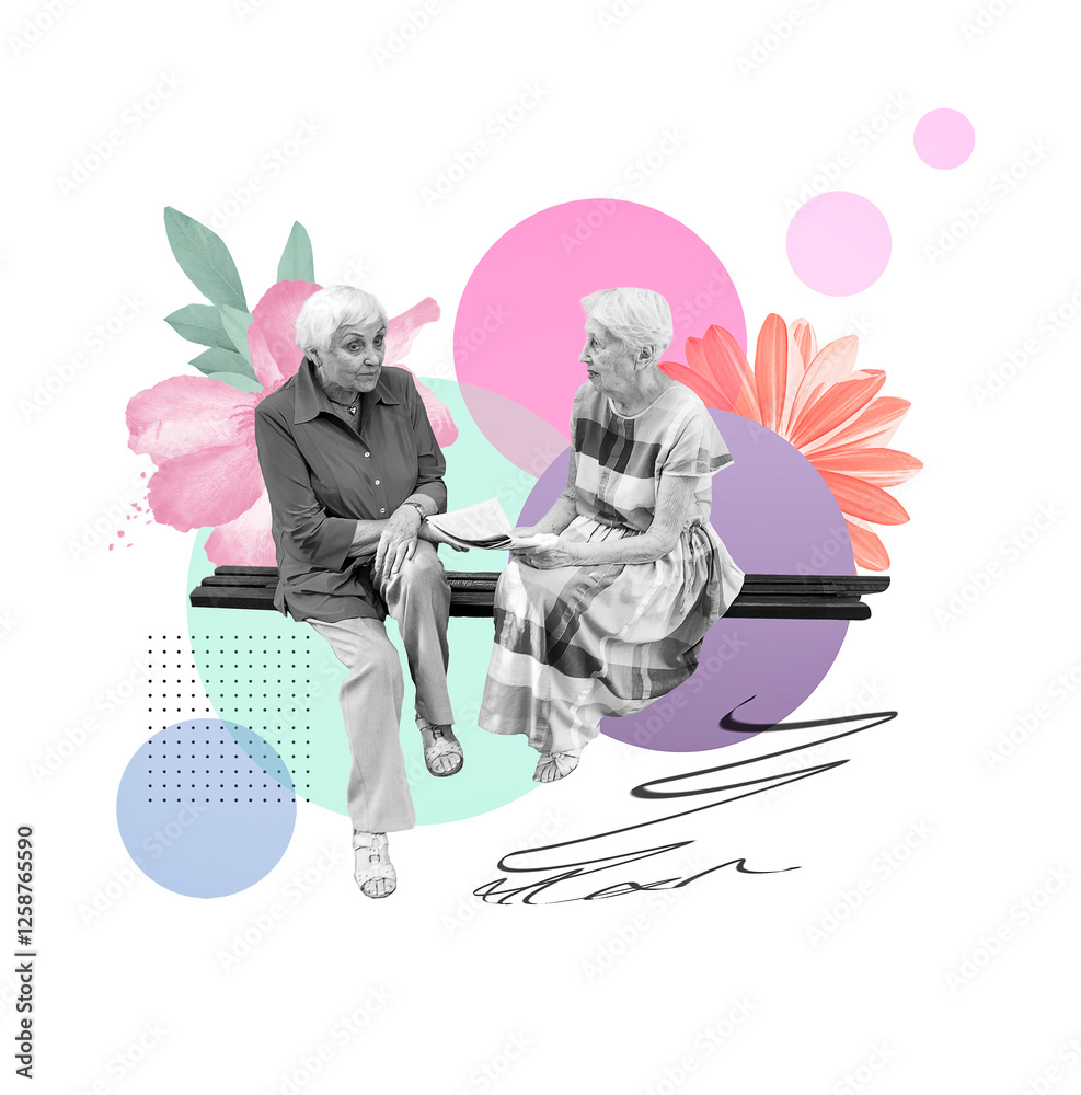 Old elderly couple is sitting on a bench and holding newspapers in their hands. Portrait of a smiling elderly women .