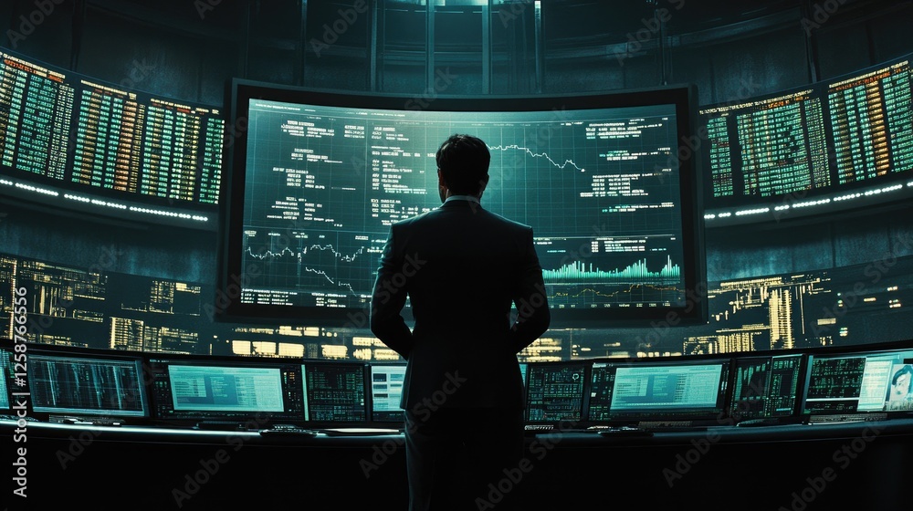 Confident businessman delivering a high-energy financial presentation with a large screen showing bullish market trends.