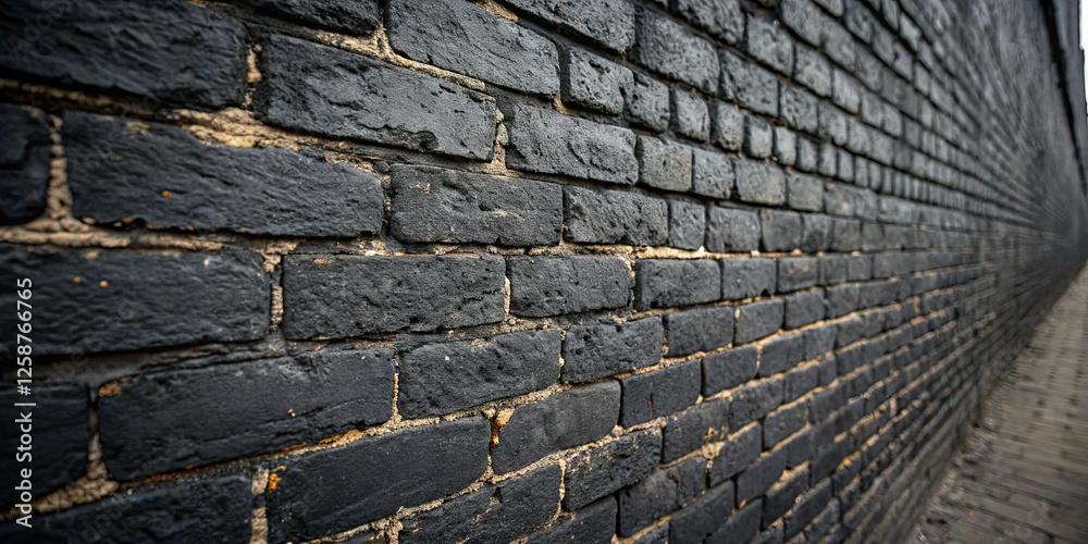 A close-up view of a textured black brick wall, with visible details of the bricks and the mortar, alongside a narrow walkway in an urban setting during daylight hours A close-up view of a textured black brick wall, with visible details of the bricks and the mortar, alongside a narrow walkway in an urban setting during daylight hours