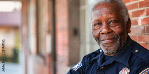 Portrait of an elderly smiling African-American man in a policeman's uniform and a cap, retired former cop, senior