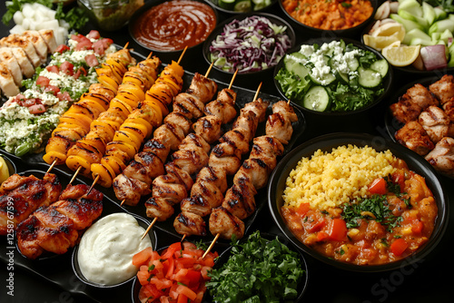 Delicious grilled chicken skewers, vegetables, and various side dishes arranged for a vibrant food photography.