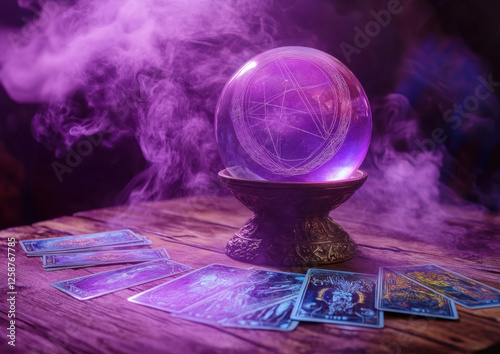 A glowing crystal ball sits atop an ornate base, surrounded by tarot cards on a rustic table, illuminated by purple haze photo