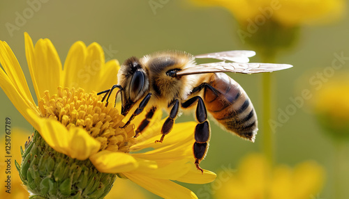A honey bee gathers pollen from a bright yellow flower in a lush garden. The scene captures the essence of spring with clear skies and blooming flora