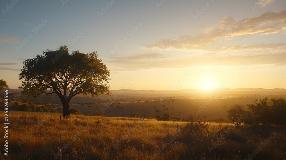 Fototapeta premium Solitary Tree Silhouette at Sunset Over Golden Grassland