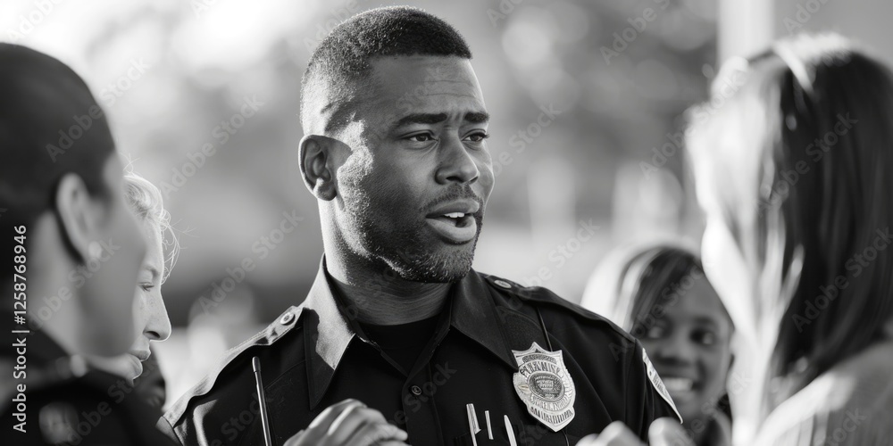 Fototapeta premium portrait of a smiling African-American male police officer in a uniform and a cap, talking with colleagues, having a friendly conversation at the police station