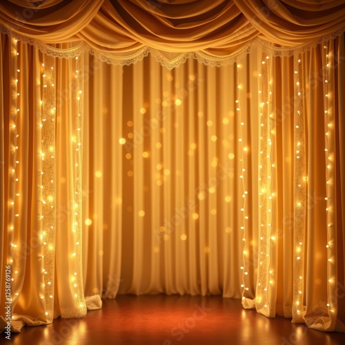 Beige gold stage theater fairy lights curtain elegant lace lux twinkling bokeh luxurious empty show draping sheer fabric backdrop background party photo booth twinkling royal stylish musical pretty B