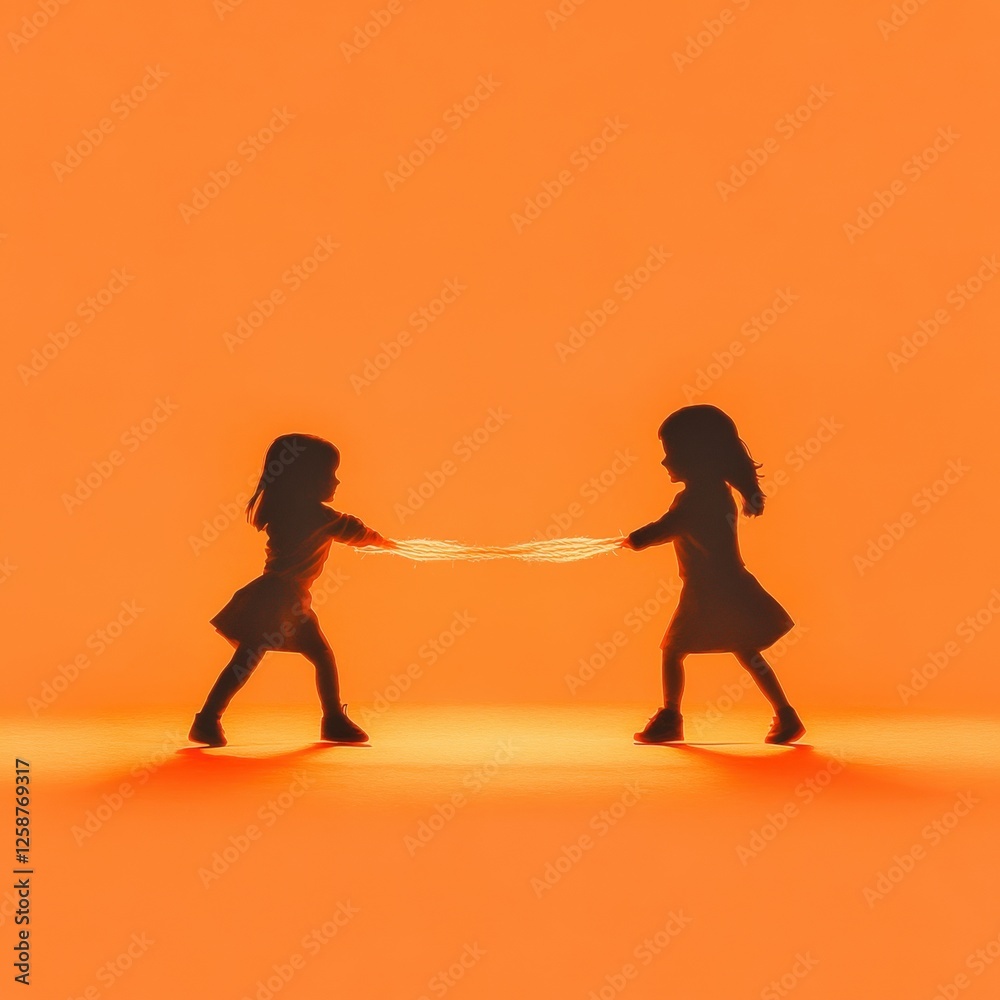 two children playing tug of war in silhouette two children playing tug of war in silhouette