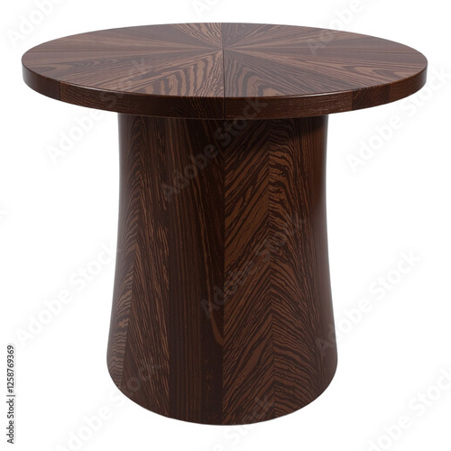 Image of a dark brown, round, extendable wooden dining table with a modern design, isolated on cut out background. photo