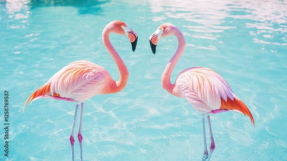 Fototapeta premium Pink Flamingos Couple Poolside Tropical Paradise Serenity