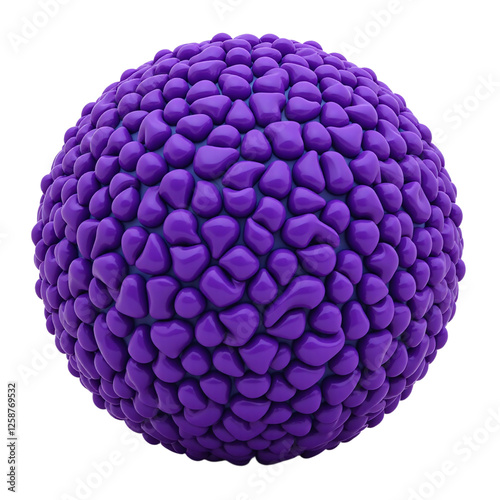 Cutout image of a 3D rendered purple sphere with a bumpy texture.