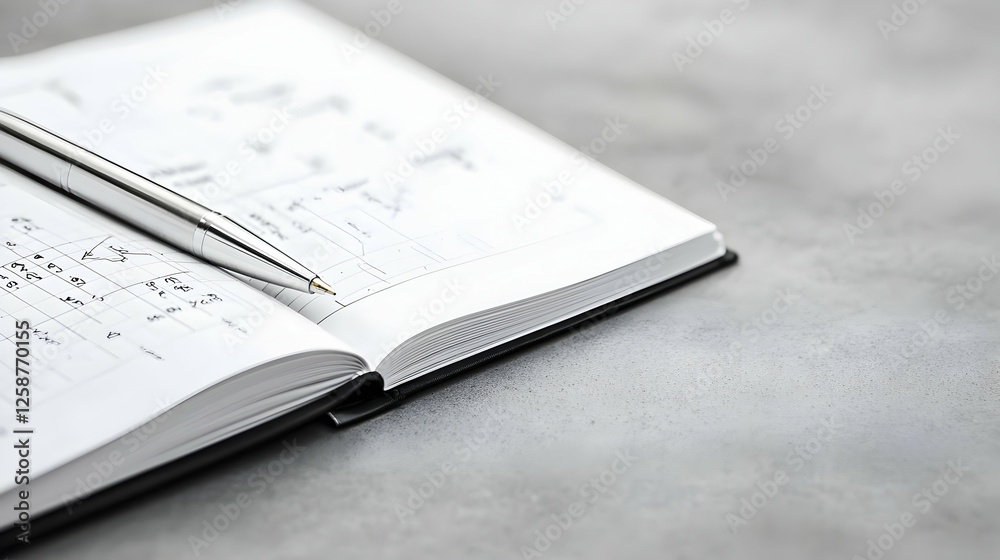 Fototapeta premium Open Planner with Silver Pen on Grey Desk