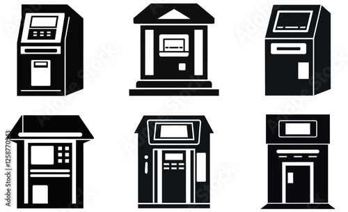 Various ATM Machines in Silhouette Style icon set design 