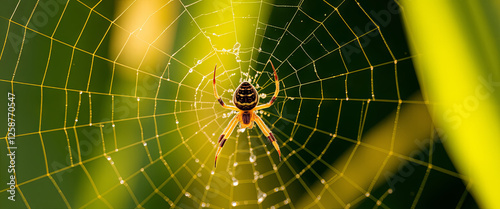 A spider meticulously constructs a shining web adorned with dew droplets, nestled among lush green leaves during a bright morning
