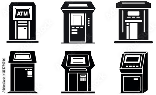 Various ATM Machines in Silhouette Style icon set design 