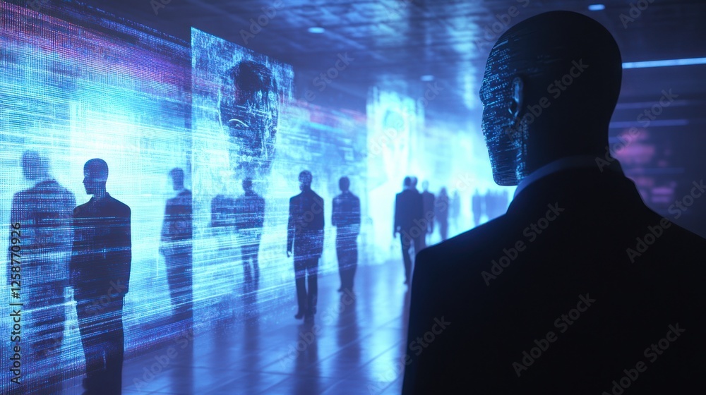 Futuristic man observing digital human projections. Futuristic man observing digital human projections.
