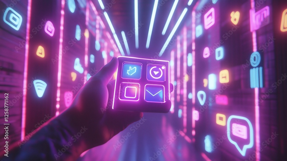 Hand holding app cube in neon social media tunnel Hand holding app cube in neon social media tunnel
