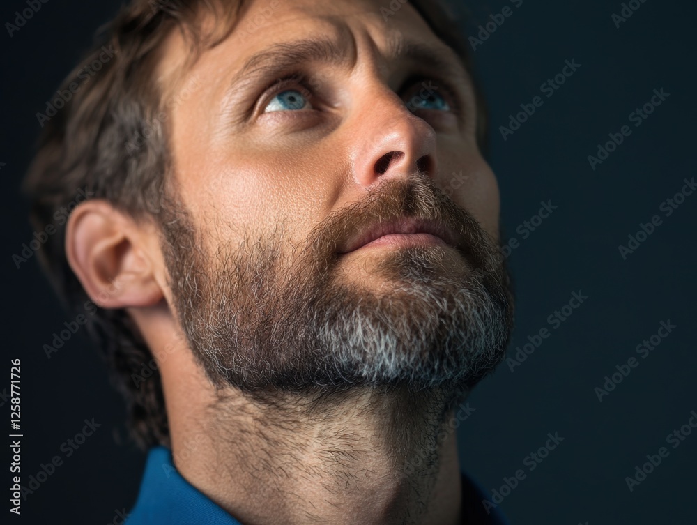 Obraz premium man looking up with beard in contemplative pose