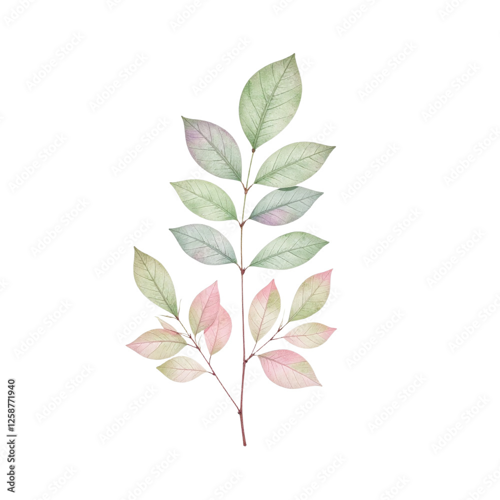 Fototapeta premium Watercolor painting of a delicate branch with green and pink leaves, isolated on a cut out background.