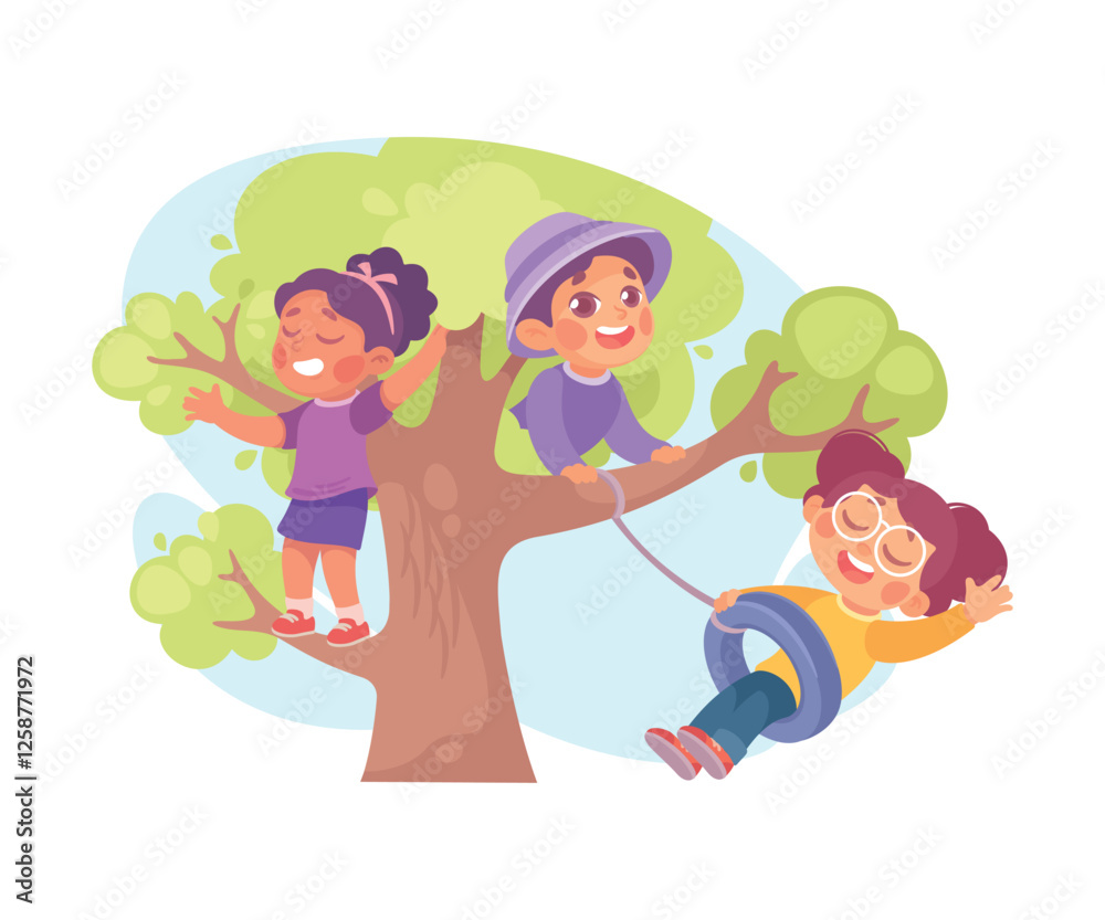 Kid Play on Tree in the Yard Vector Illustration Kid Play on Tree in the Yard Vector Illustration