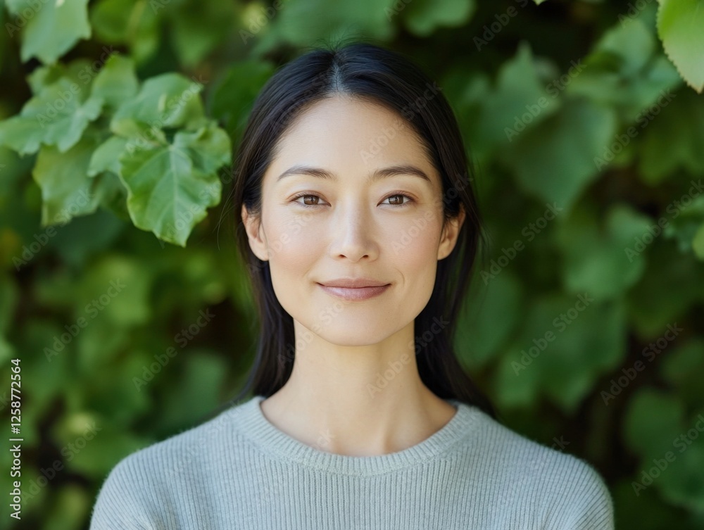 portrait of a serene woman in front of green foliage