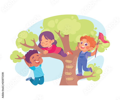 Kid Play on Tree in the Yard Vector Illustration