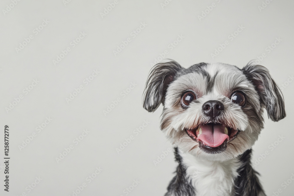 A funny and cheerful dog of gray and white color, highlighted on a white background. Care concept, animal life, health, exhibition. Isolated. Copy space for ad A funny and cheerful dog of gray and white color, highlighted on a white background. Care concept, animal life, health, exhibition. Isolated. Copy space for ad