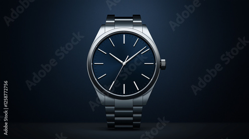 Elegant luxury stainless steel wristwatch with a sleek blue dial and minimalist design, set against a dark background, representing sophistication, timepiece excellence, precision, and style